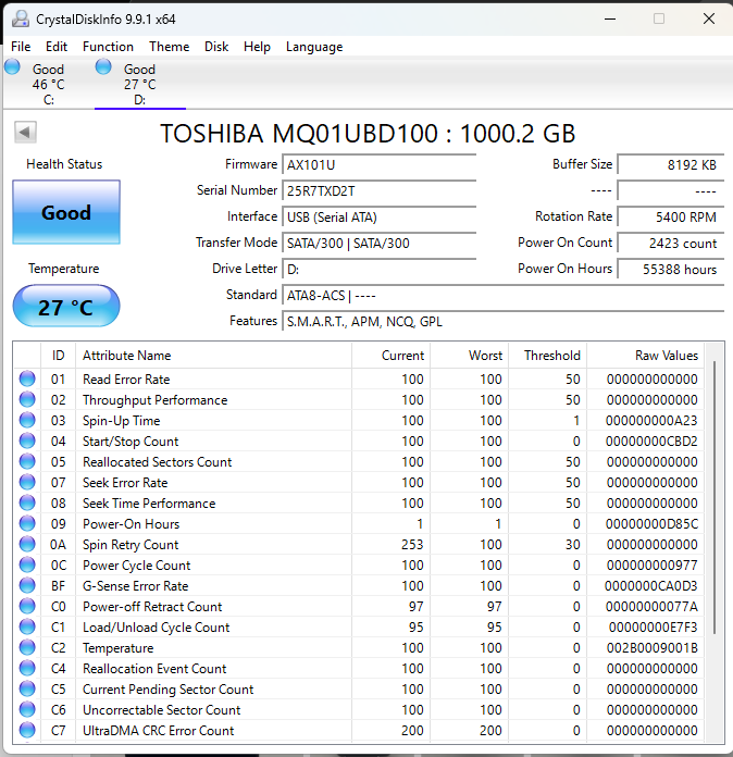 Toshiba 2.5" v73600-C 1TB Micro USB-3.0 HDD HDTC710XK3A1