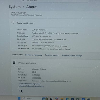 Asus TUF F15 FX506H15.6" i5-11400H 2.7GHz 8GB RAM 512GB SSD 1TB SSD 