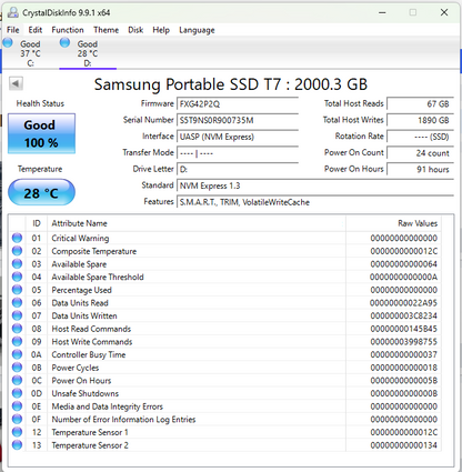 Samsung Portable T7 Portable 2TB USB 3.2 Gen 2 SSD MU-PC2T0R