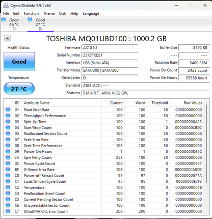 Toshiba 2.5" v73600-C 1TB Micro USB-3.0 HDD HDTC710XK3A1