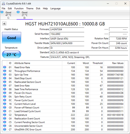 HGST 3.5" 0F27452LHA3840P7C 10TB eSATA III 6Gbps HDD 0F27452