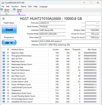 HGST 3.5" 0F27452LHA3840P7C 10TB eSATA III 6Gbps HDD 0F27452